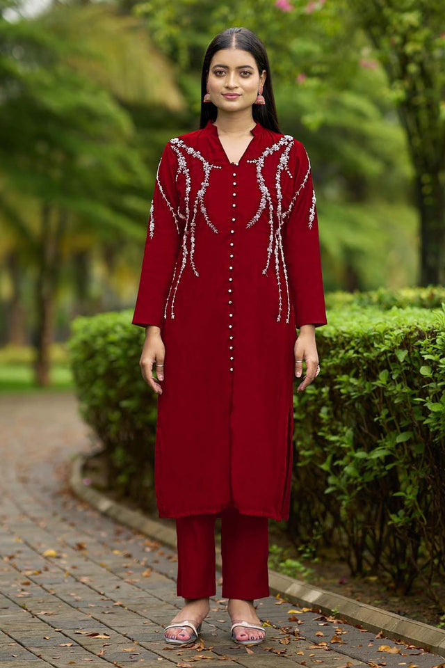 Maroon Hand Embroidery Art Silk Straight Cut Suit Set