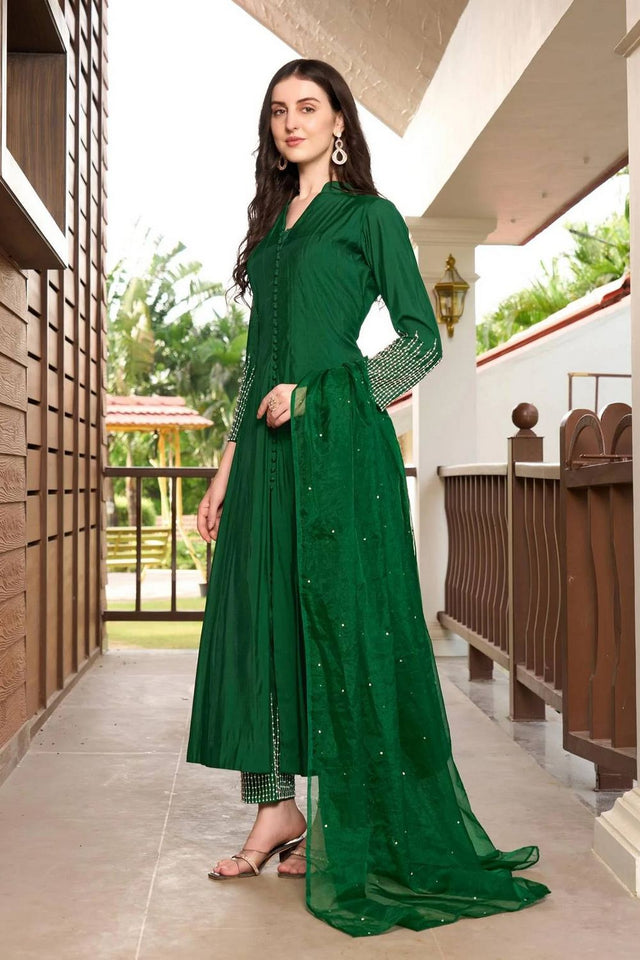 Green Embroidered Art Silk Kurti Pant Set (NC2223ASKD)