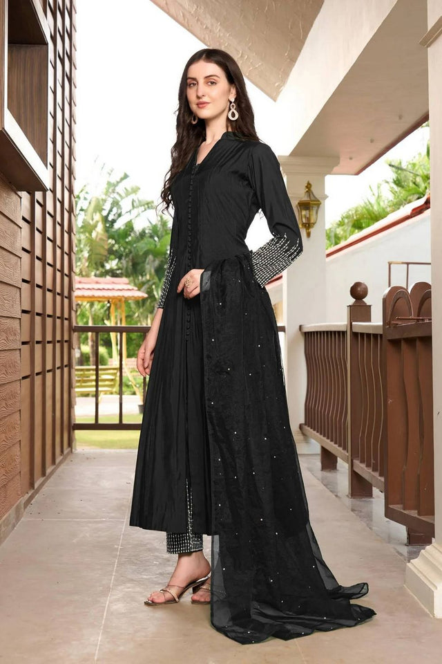 Black Embroidered Art Silk Kurti Pant Set (NC2223BSKD)