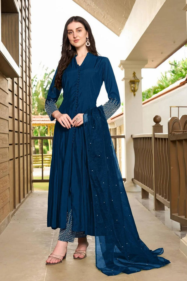 Blue Embroidered Art Silk Kurti Pant Set (NC2223CSKD)
