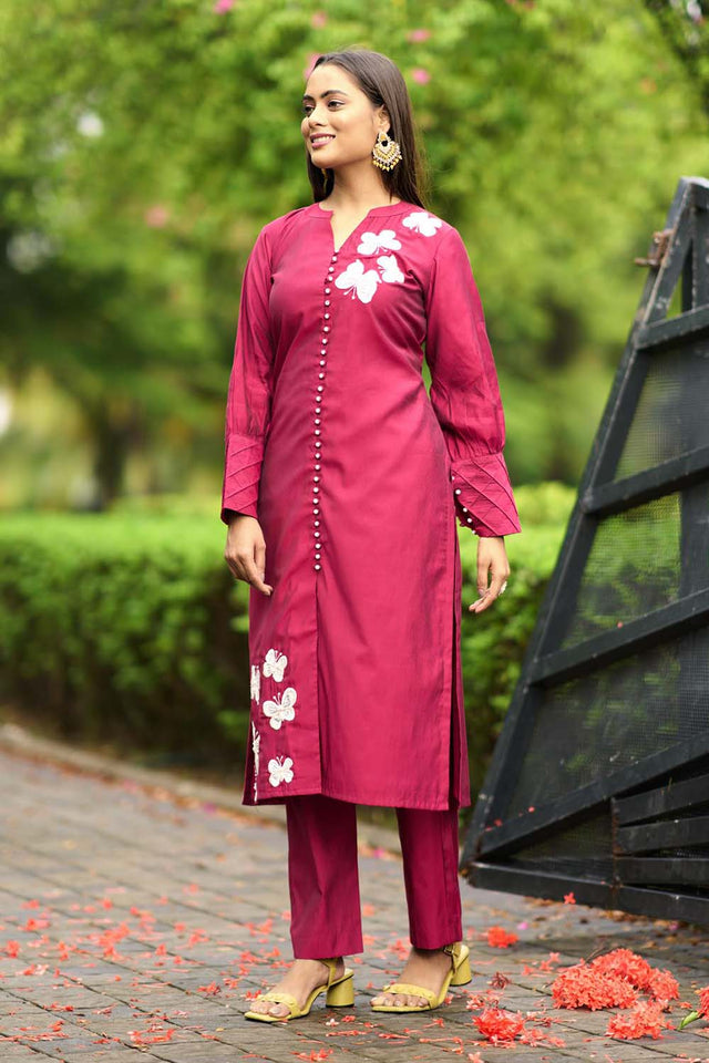 Pink Hand Embroidery Art Silk Straight Cut Suit Set
