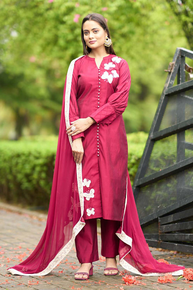 Pink Art Silk Embroidered Kurti Pant Set