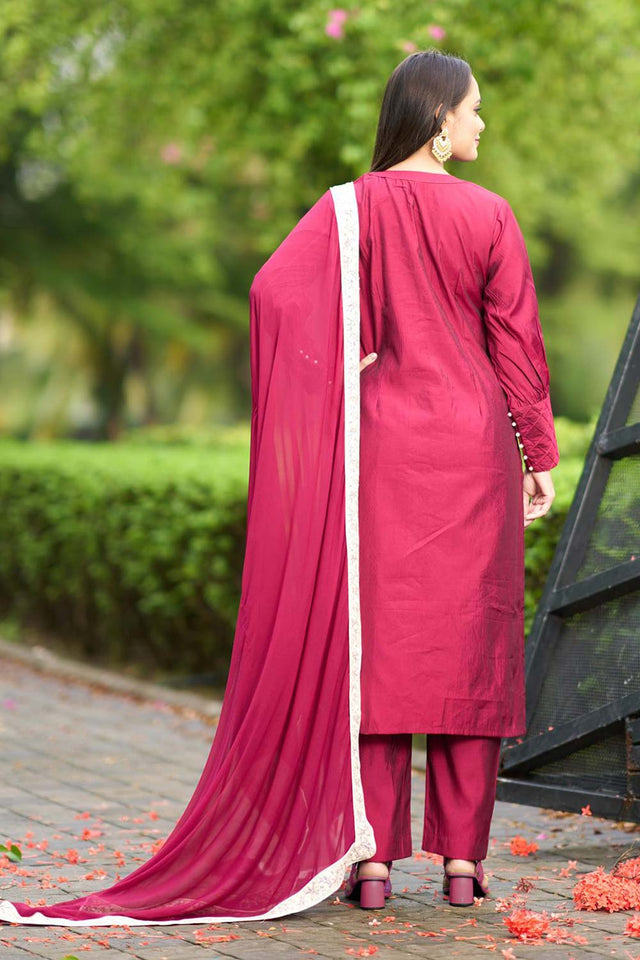 Pink Art Silk Embroidered Kurti Pant Set