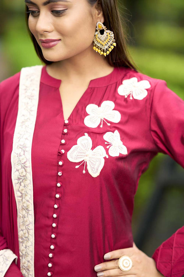 Pink Art Silk Embroidered Kurti Pant Set