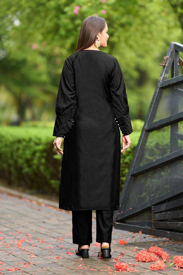Black Hand Embroidery Art Silk Straight Cut Suit Set