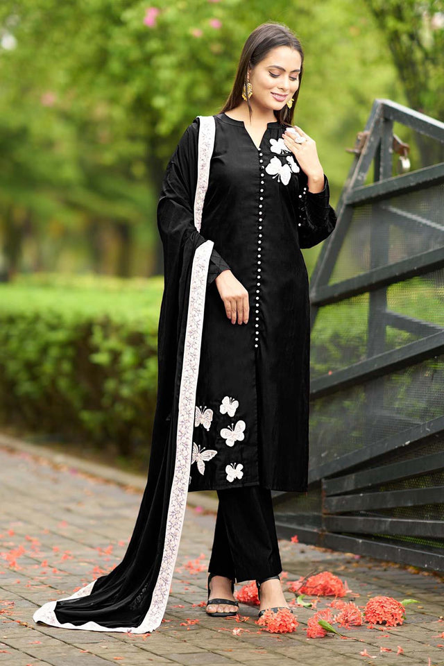 Black Art Silk Embroidered Kurti Pant Set