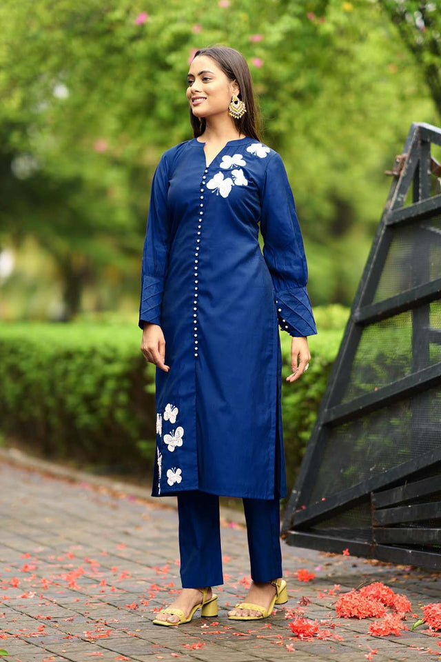 Blue Hand Embroidery Art Silk Straight Cut Suit Set