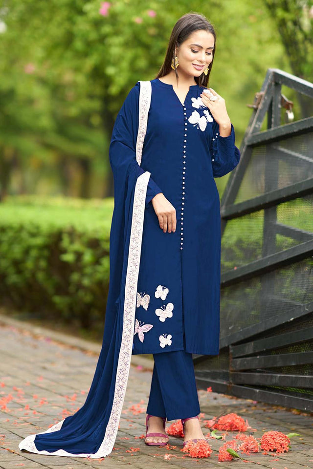 Blue Art Silk Embroidered Kurti Pant Set