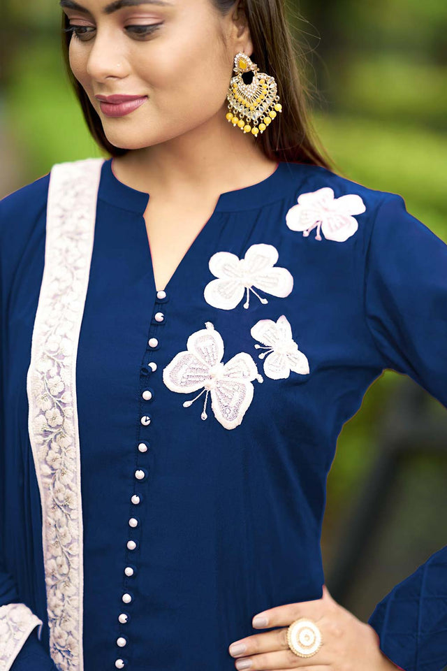 Blue Art Silk Embroidered Kurti Pant Set