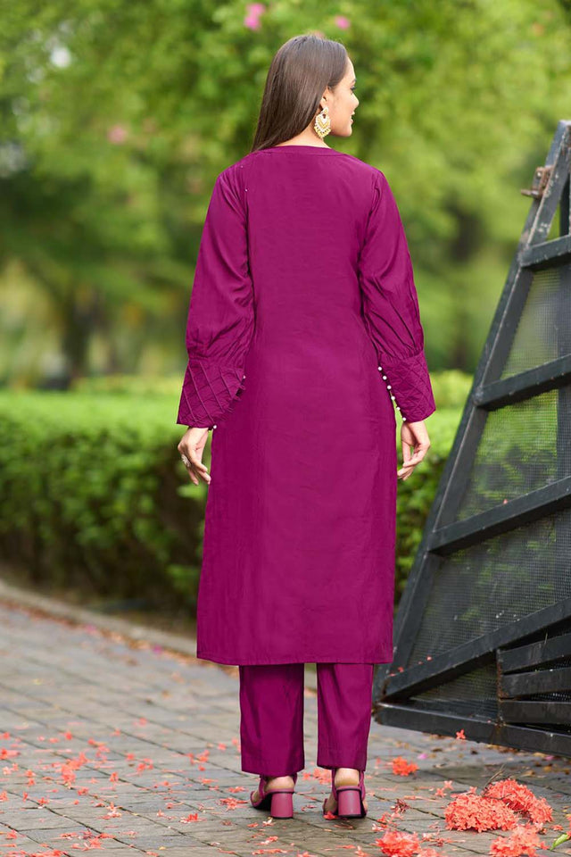 Dark-Pink Hand Embroidery Art Silk Straight Cut Suit Set