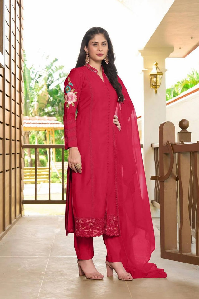 Pink Embroidered Art Silk Kurti Pant Set (NC2226CSKD)