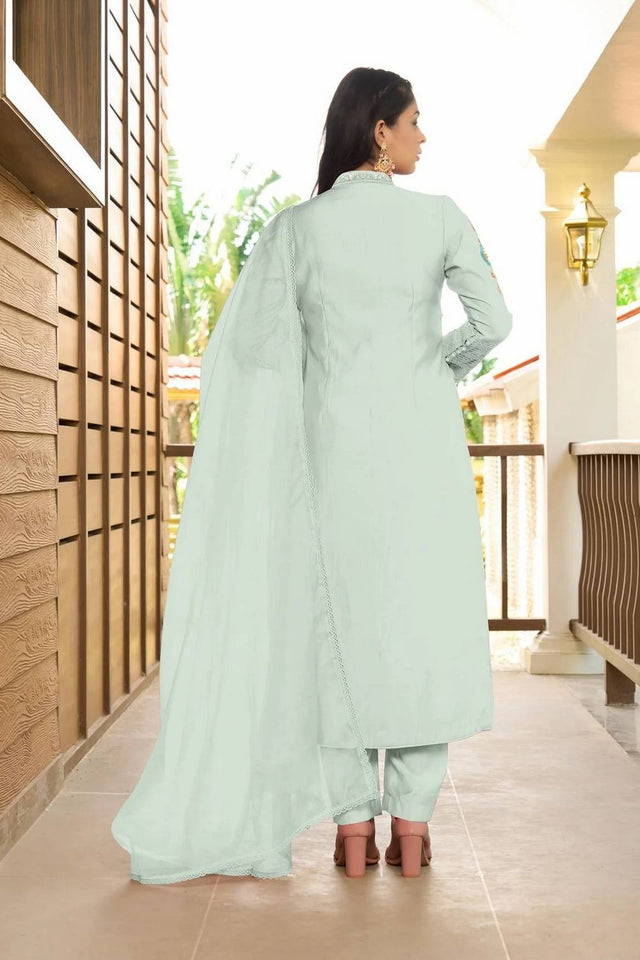 Light Green Embroidered Art Silk Kurti Pant Set (NC2226DSKD)