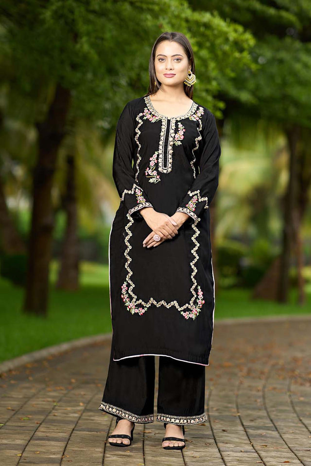 Black Hand Embroidery Art Silk Straight Cut Suit Set