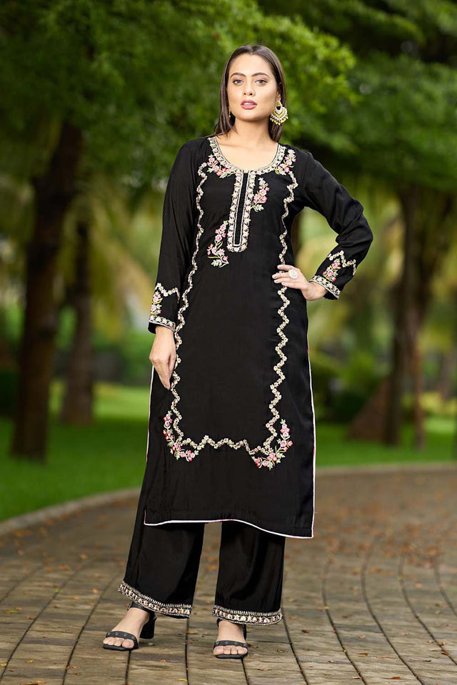 Black Hand Embroidery Art Silk Straight Cut Suit Set