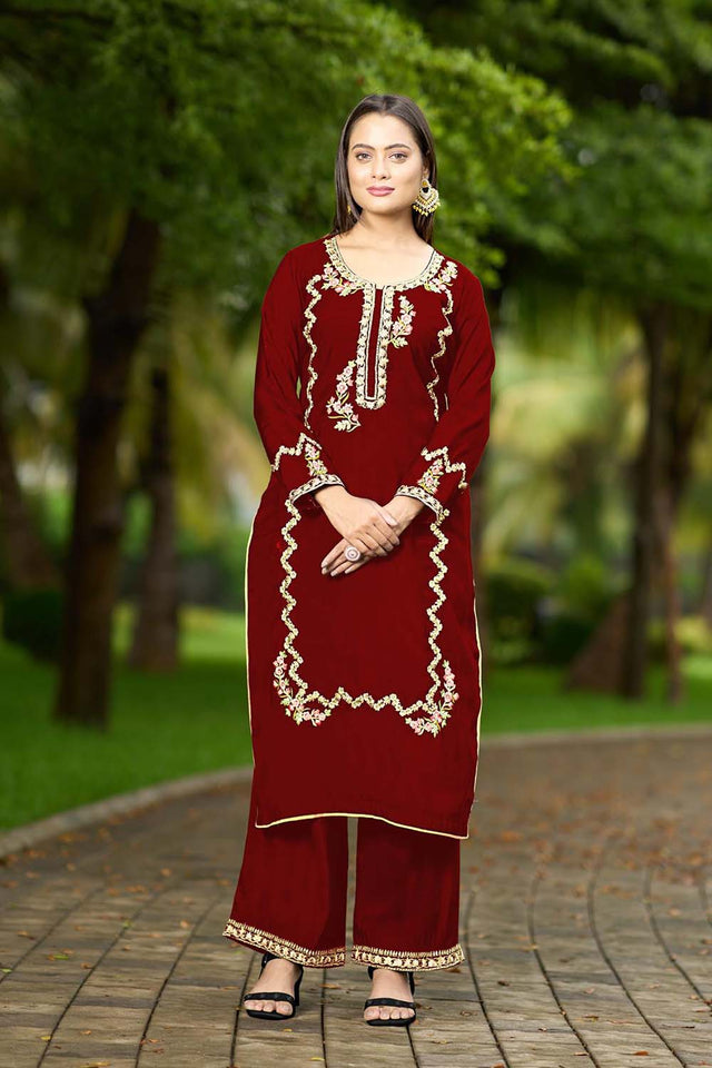 Maroon Hand Embroidery Art Silk Straight Cut Suit Set