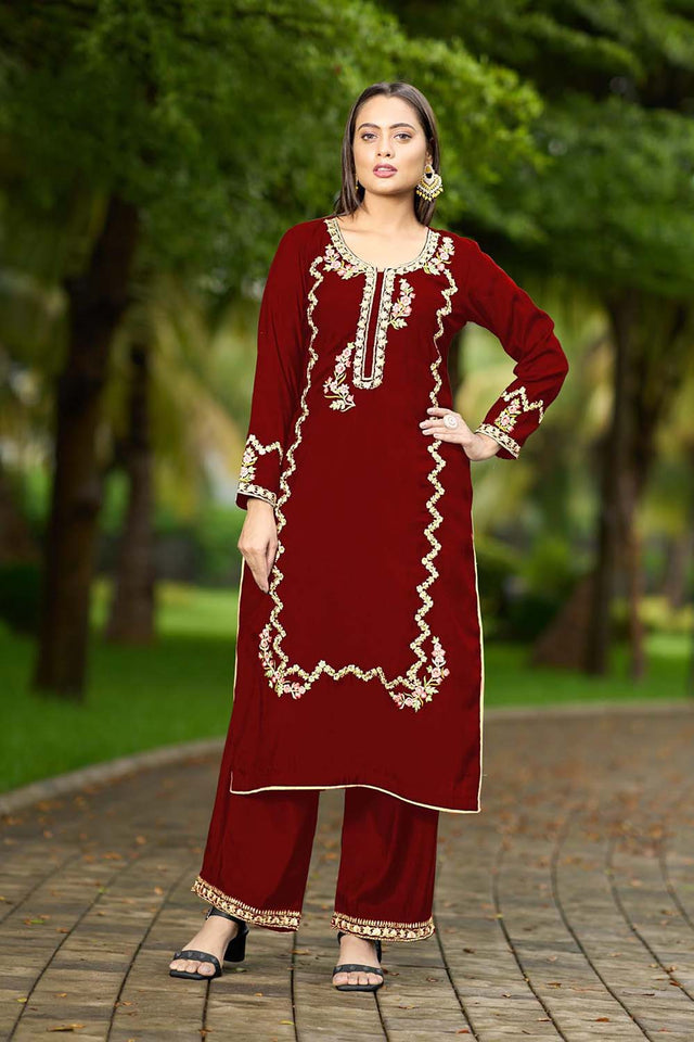 Maroon Hand Embroidery Art Silk Straight Cut Suit Set