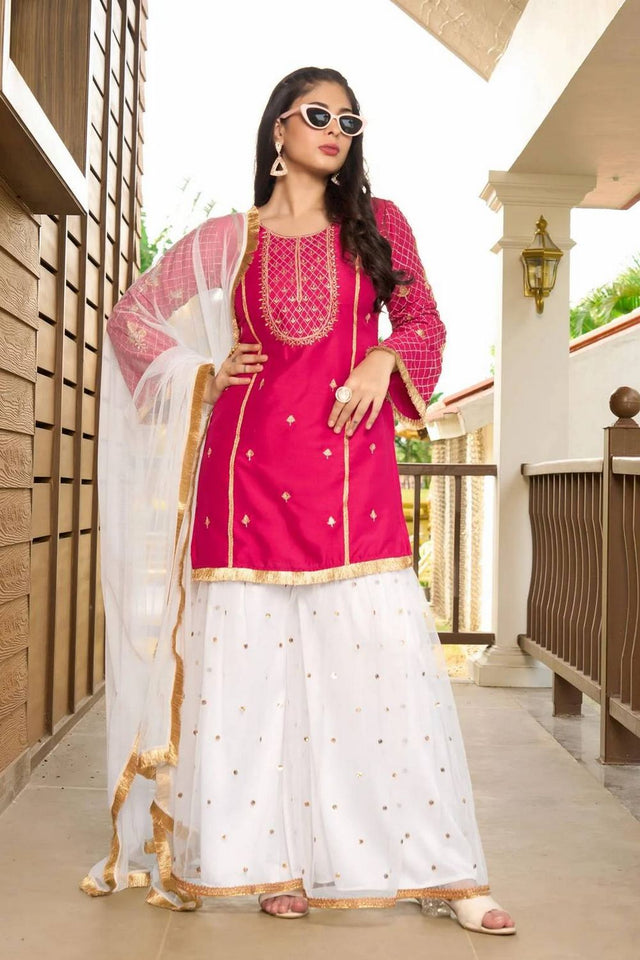 Pink Embroidered Cotton Silk Kurti Pant Set (NC2229ASKD)
