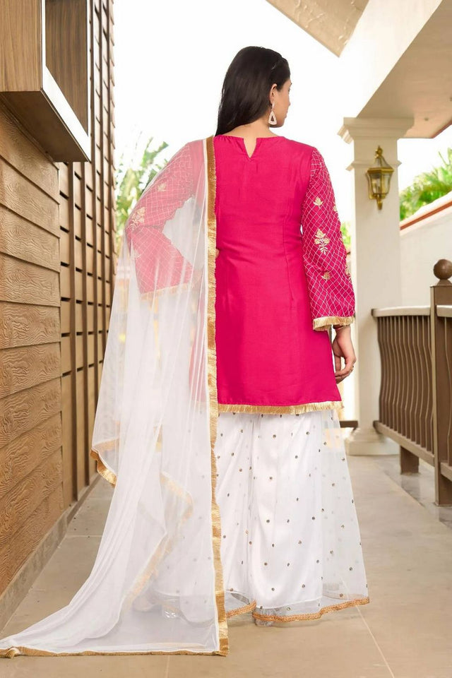 Pink Embroidered Cotton Silk Kurti Pant Set (NC2229ASKD)
