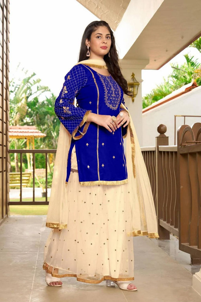 Blue Floral Embroidered Cotton Silk Kurti Palazzo Set (NC2229CSKD)