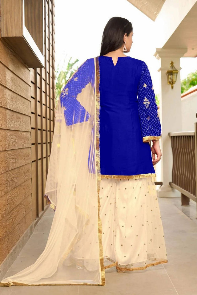Blue Floral Embroidered Cotton Silk Kurti Palazzo Set (NC2229CSKD)