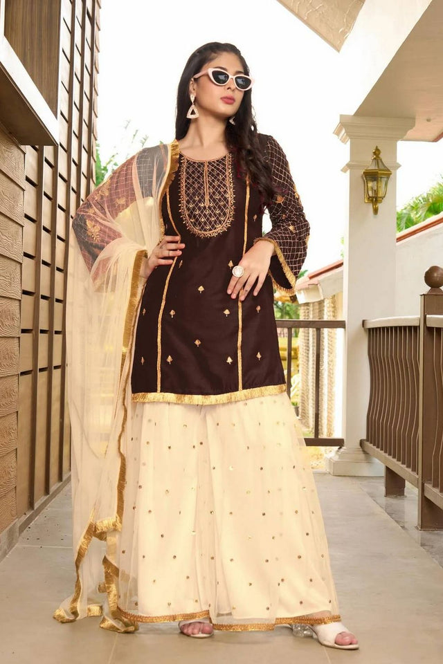 Brown Floral Embroidered Cotton Silk Kurti Palazzo Set (NC2229DSKD)