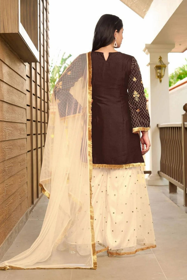 Brown Floral Embroidered Cotton Silk Kurti Palazzo Set (NC2229DSKD)