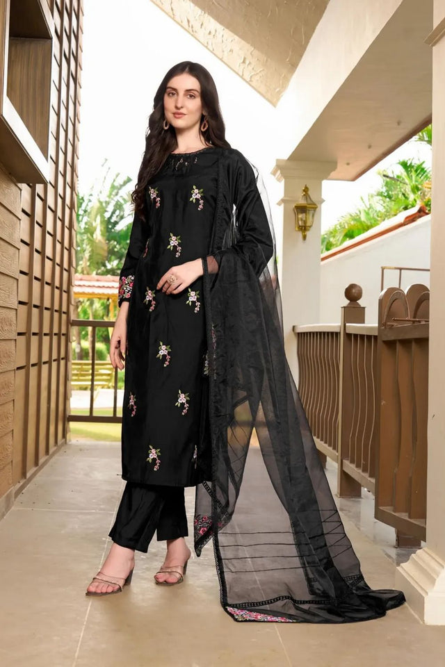 Black Floral Embroidered Art Silk Kurti Palazzo Set (NC2230ASKD)
