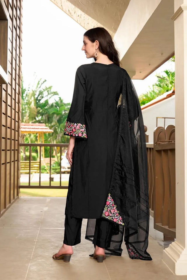Black Floral Embroidered Art Silk Kurti Palazzo Set (NC2230ASKD)
