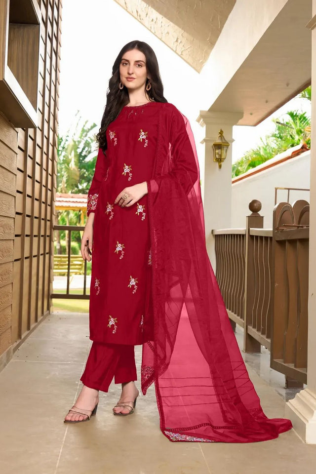 Maroon Embroidered Art Silk Kurti Pant Set (NC2230BSKD)