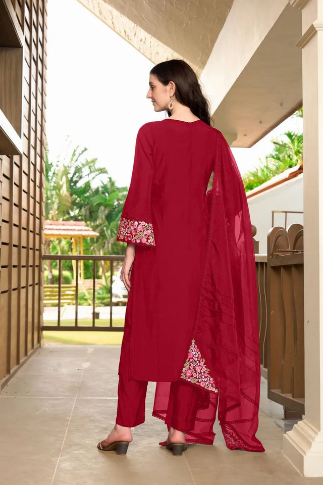 Maroon Embroidered Art Silk Kurti Pant Set (NC2230BSKD)