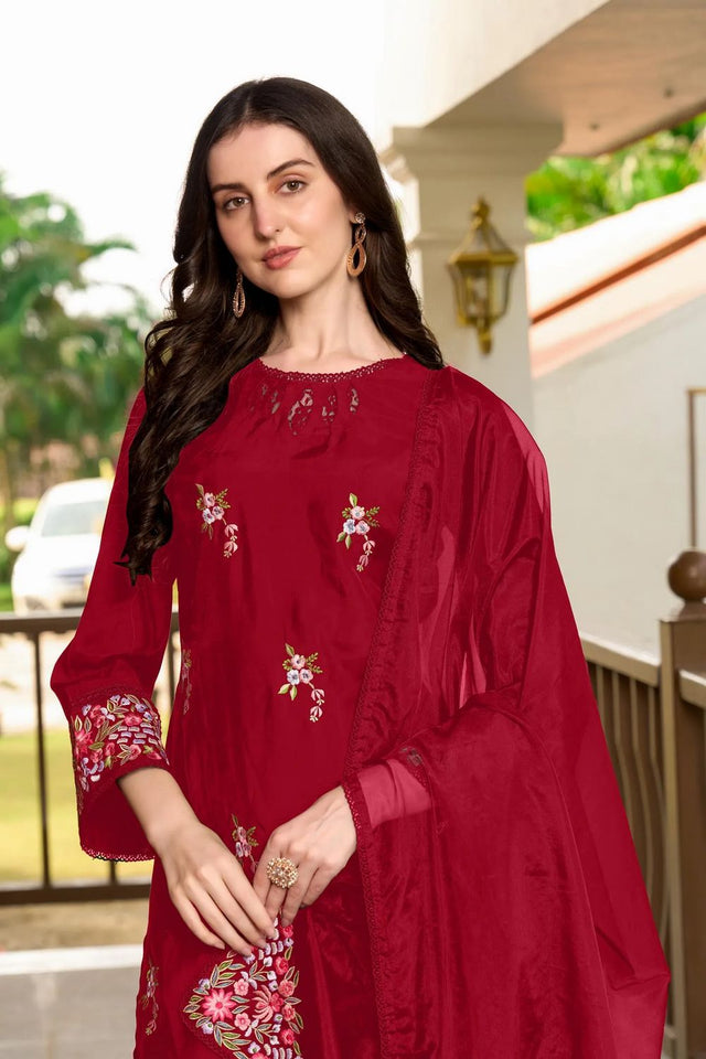 Maroon Embroidered Art Silk Kurti Pant Set (NC2230BSKD)