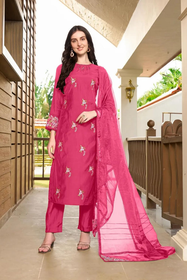 Pink Embroidered Art Silk Kurti Pant Set (NC2230CSKD)