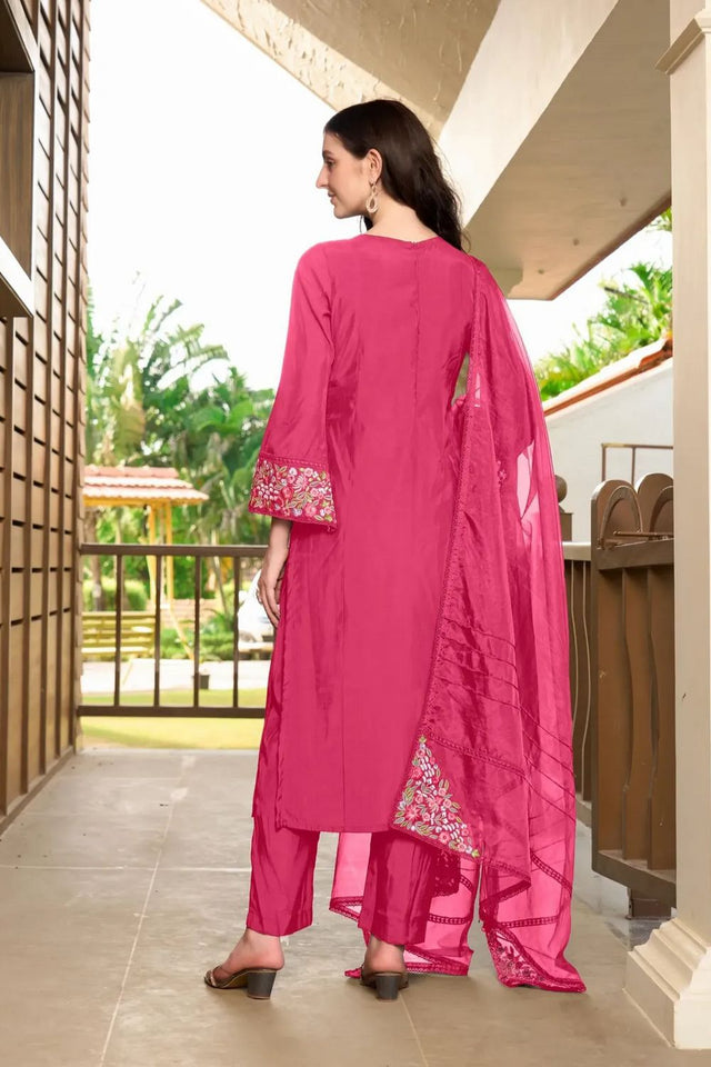 Pink Embroidered Art Silk Kurti Pant Set (NC2230CSKD)