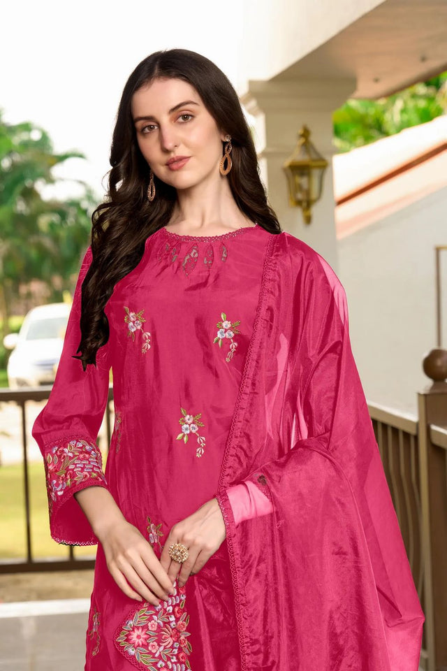 Pink Embroidered Art Silk Kurti Pant Set (NC2230CSKD)