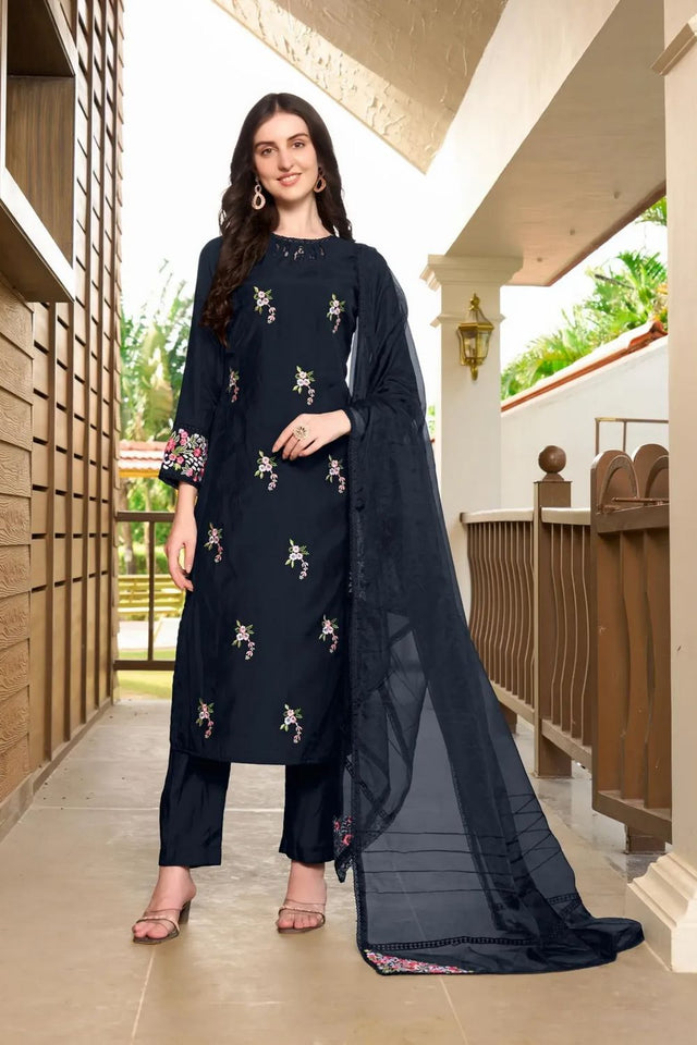 Navy Blue Embroidered Art Silk Kurti Pant Set (NC2230DSKD)