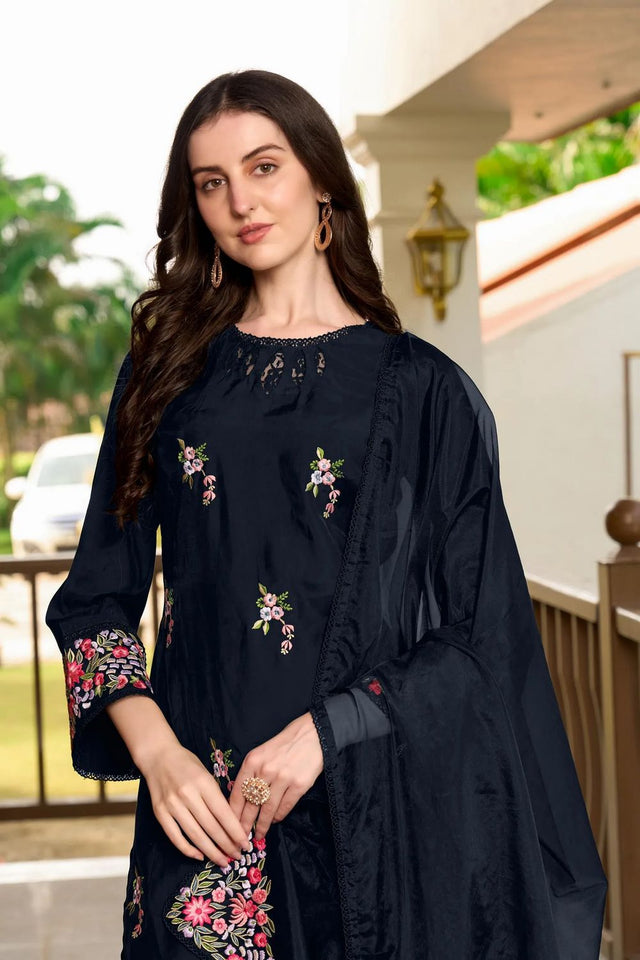 Navy Blue Embroidered Art Silk Kurti Pant Set (NC2230DSKD)