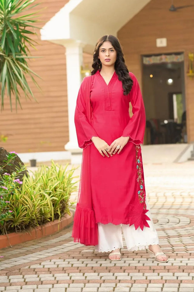Pink Embroidered Art Silk Kurti Pant Set (NC2231ASKD)