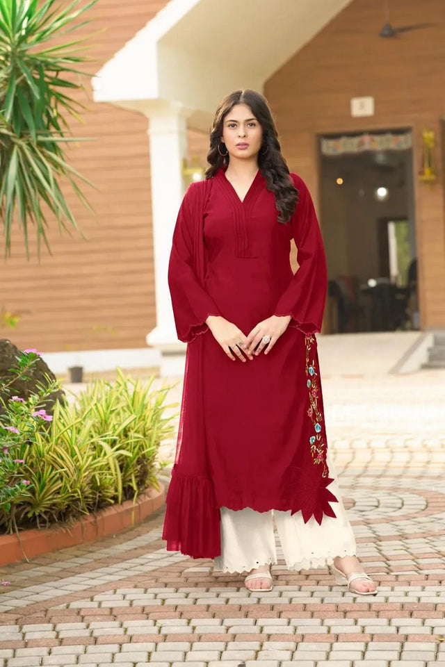 Maroon Embroidered Art Silk Kurti Pant Set (NC2231CSKD)