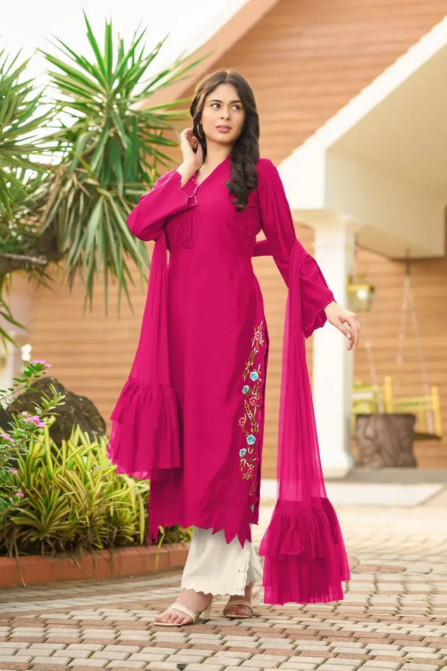 Dark Pink Embroidered Art Silk Kurti Pant Set (NC2231DSKD)