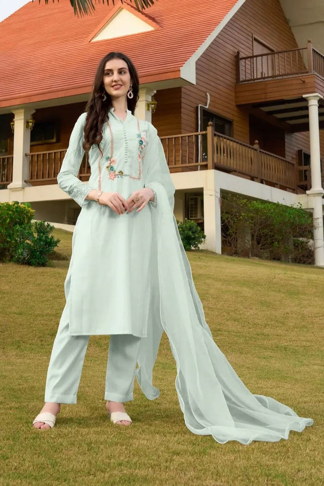 Light Green Embroidered Art Silk Kurti Pant Set (NC2232CSKD)