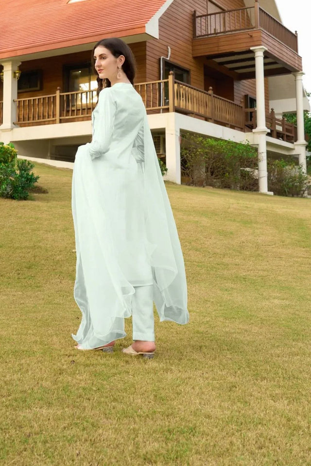 Light Green Embroidered Art Silk Kurti Pant Set (NC2232CSKD)