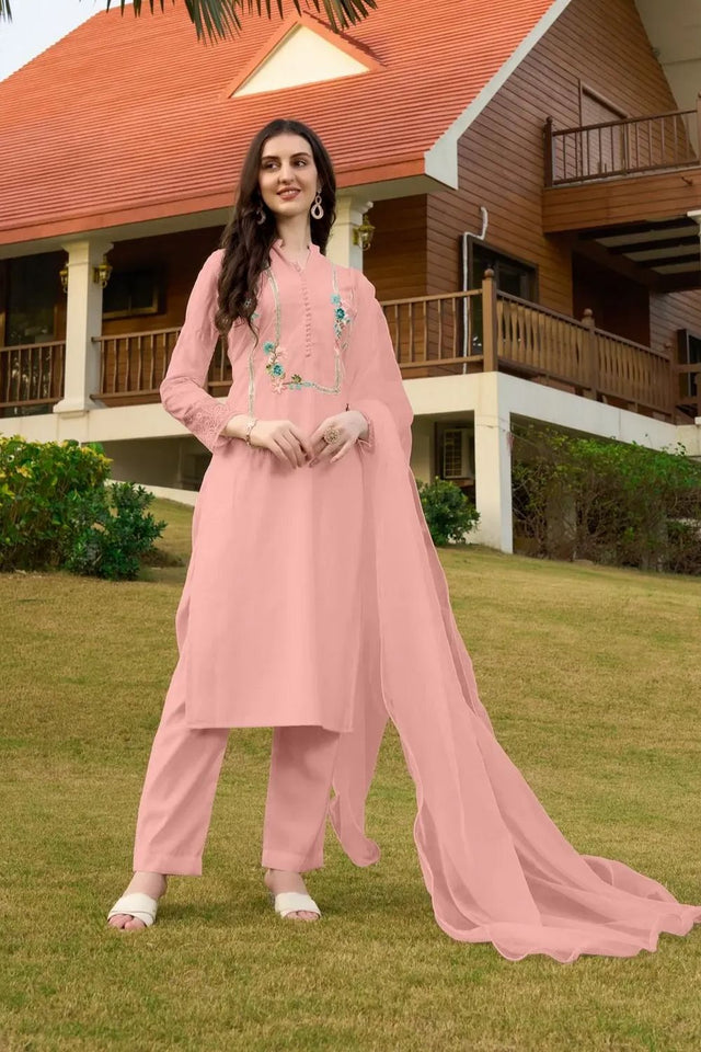 Light Pink Embroidered Art Silk Kurti Pant Set (NC2232DSKD)