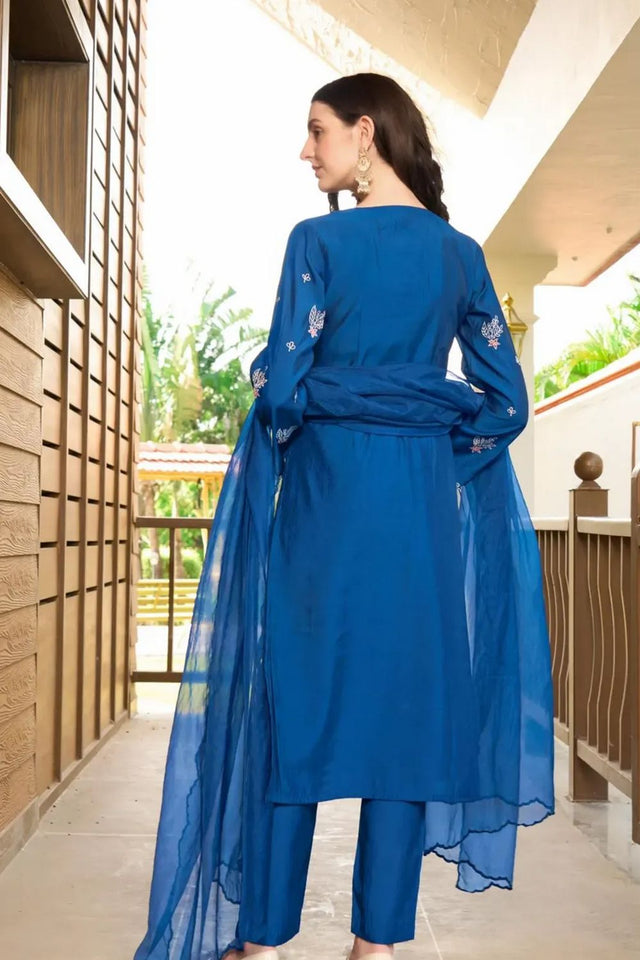 Blue Embroidered Art Silk Kurti Pant Set (NC2233ASKD)