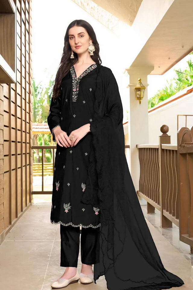 Black Embroidered Art Silk Kurti Pant Set (NC2233BSKD)