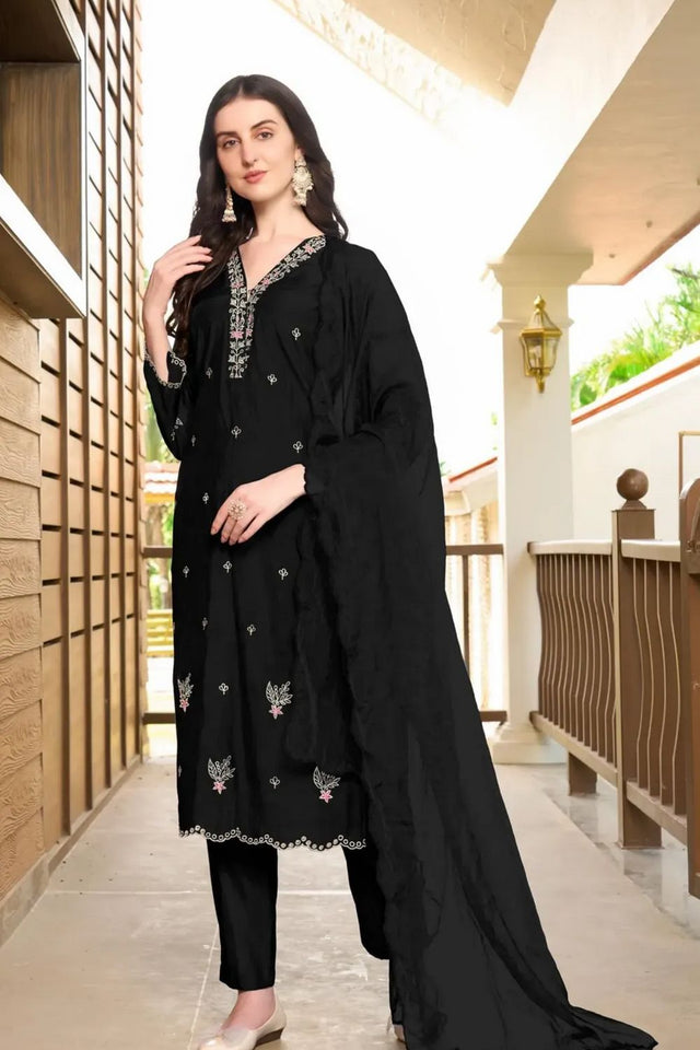 Black Embroidered Art Silk Kurti Pant Set (NC2233BSKD)