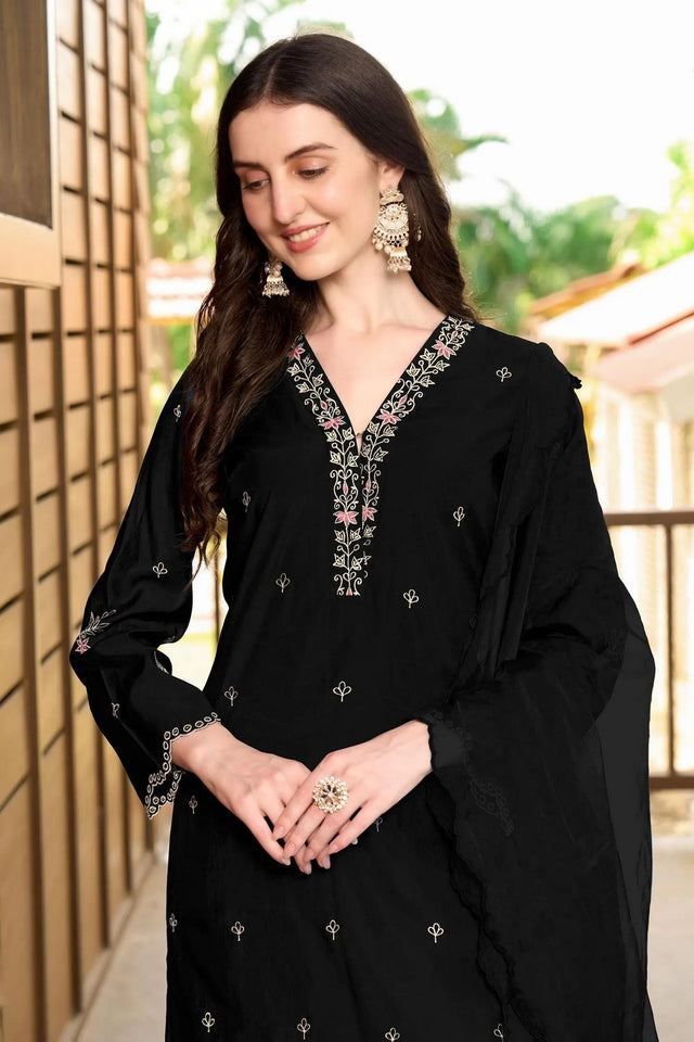 Black Embroidered Art Silk Kurti Pant Set (NC2233BSKD)