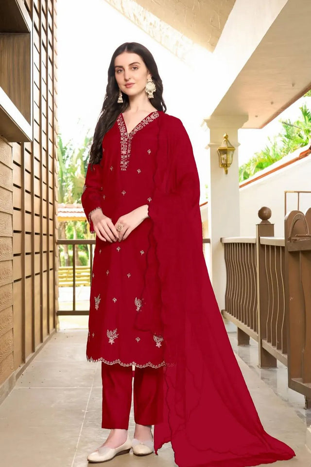 Maroon Embroidered Art Silk Kurti Pant Set (NC2233CSKD)