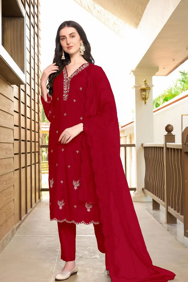 Maroon Embroidered Art Silk Kurti Pant Set (NC2233CSKD)