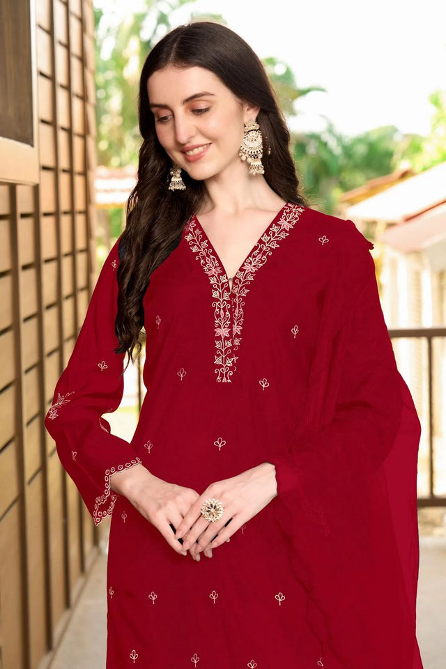 Maroon Embroidered Art Silk Kurti Pant Set (NC2233CSKD)