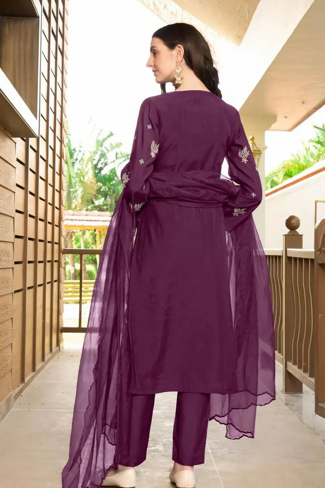 Dark Maroon Embroidered Art Silk Kurti Pant Set (NC2233DSKD)